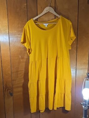 Time and Tru Mustard Yellow Tiered Midi Short Sleeve Dress 100% Cotton XL Casual